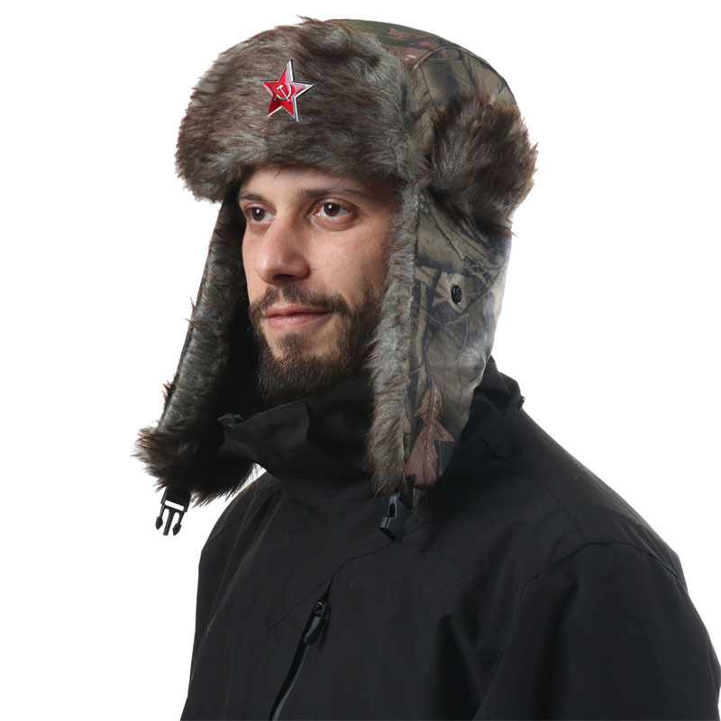 Trapper Hat Ear Flap - 男女兼用迷彩リーフ柄トラッパーハット、バッジ付き、防風性のある厚い耳当て付き、寒い北東部の冬に最適な暖かい帽子