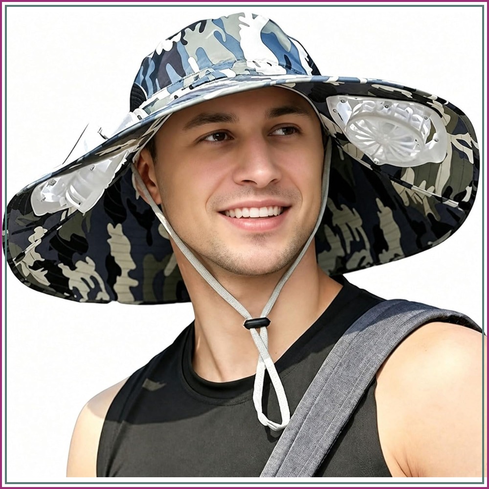Sun Hat Wide Brim - 2つのファン付きメンズサンハット、夏用冷却ワイドブリムバケットハット、ビーチガーデンハット、ソーラー+USBデュアルパワー