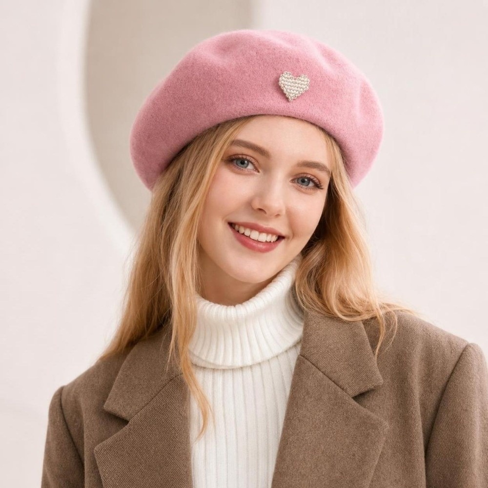 ファッショナブルな暖かい冬用ウールベレー帽、ハート型無地フレ - Beret French Wool のレビューと価格