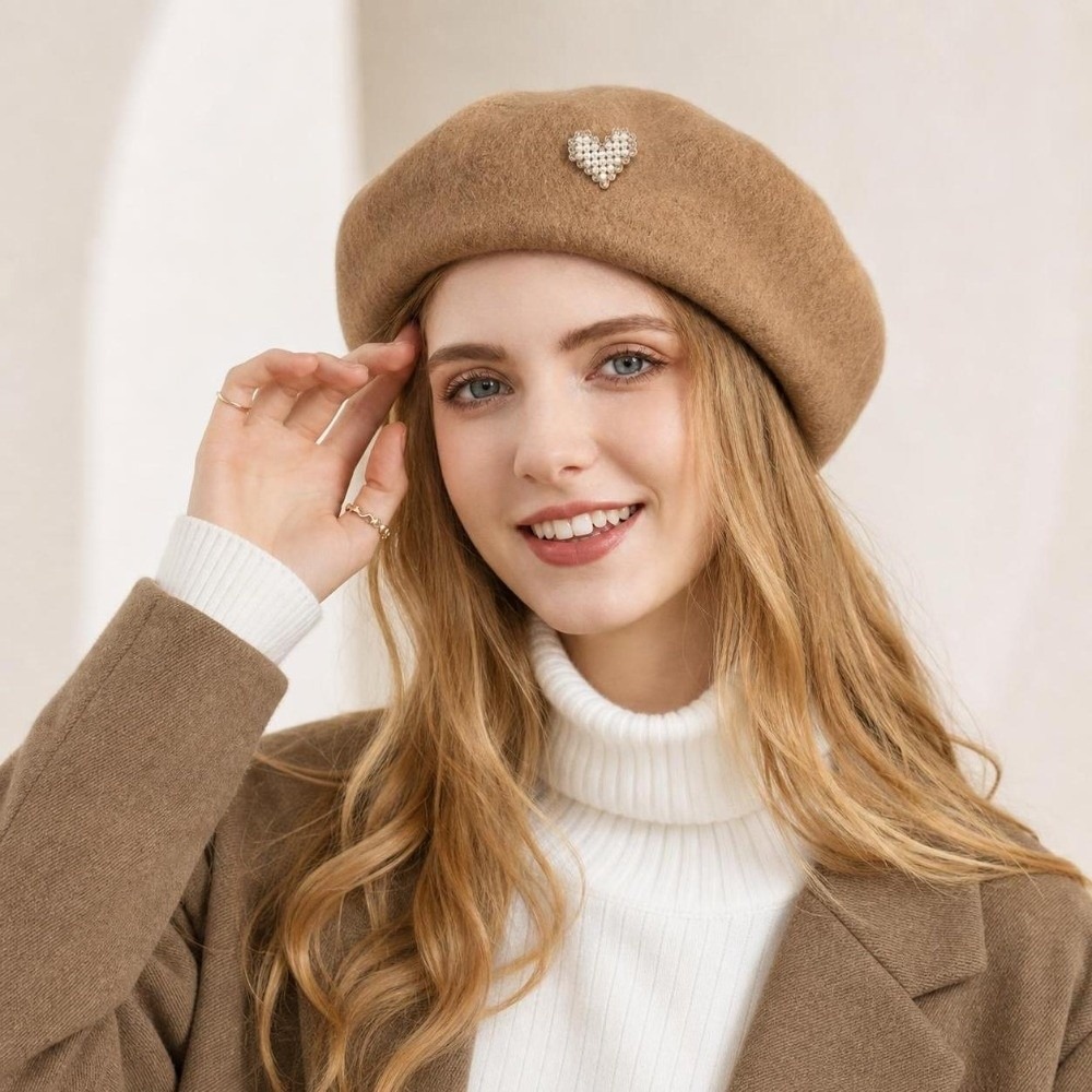 ファッショナブルな暖かい冬用ウールベレー帽、ハート型無地フレ - Beret French Wool のレビューと価格