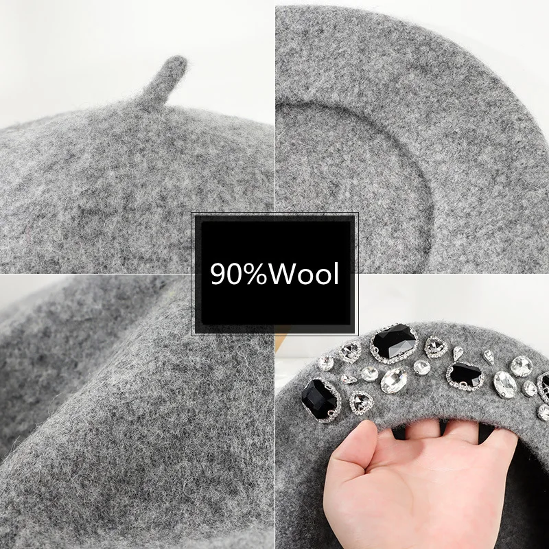 フランスベレー帽厚いラインストーン装飾つばなし熱装飾ウールア - Beret French Wool のレビューと価格